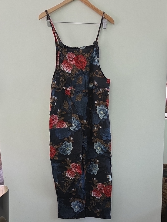 Pants - Linen Overalls Jumper In Navy Blue With Gorgeous Floral Print With Pockets